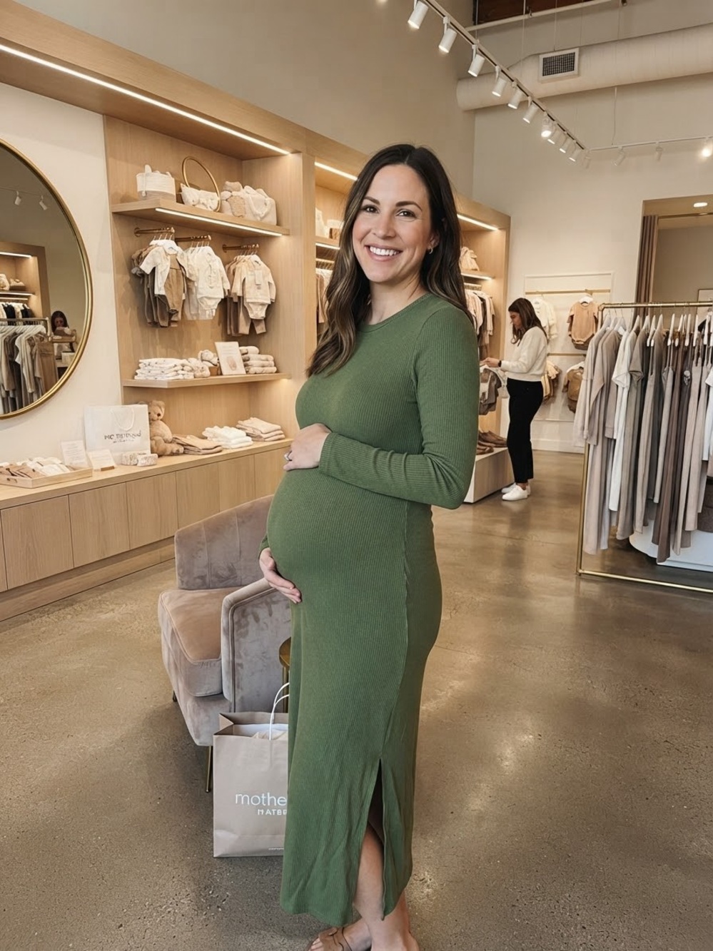 Motherhood Maternity Green Ribbed Long Sleeve Midi Dress Small
